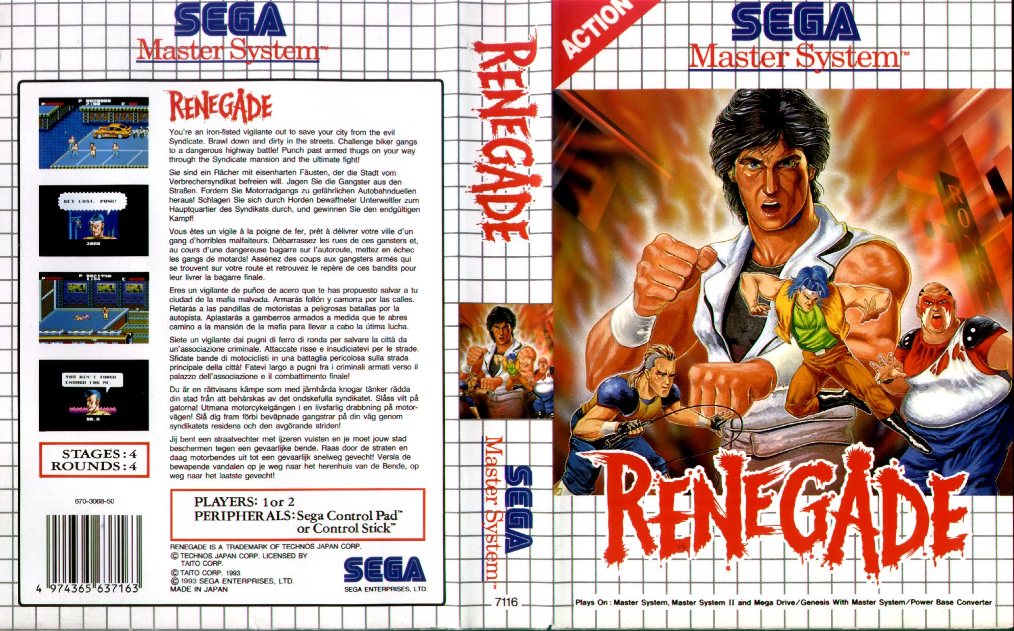 Caratula de Renegade para Sega Master System